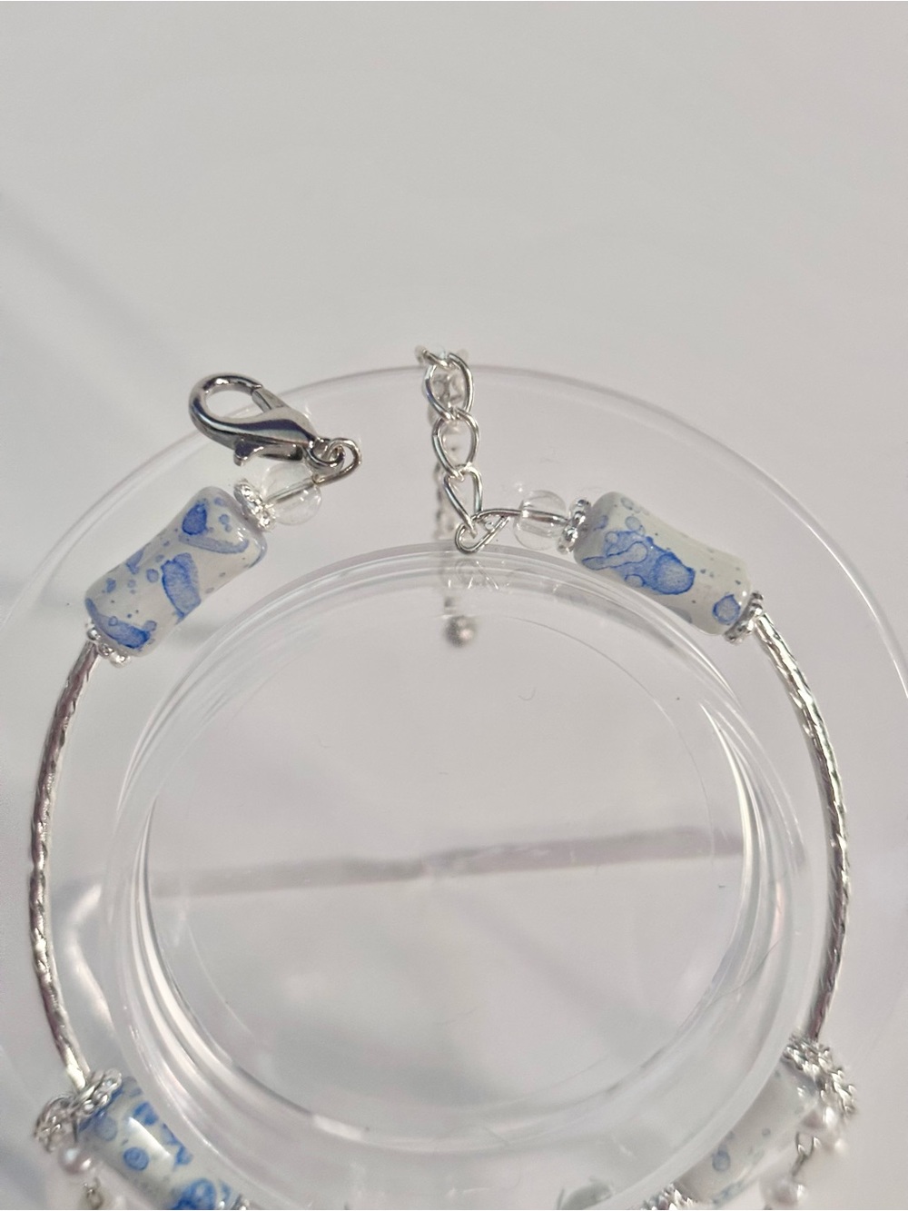 Hand Crafted Silver Bracelet with Blue and White Beads and Mermaid Tail Charm - Picture 3 of 7